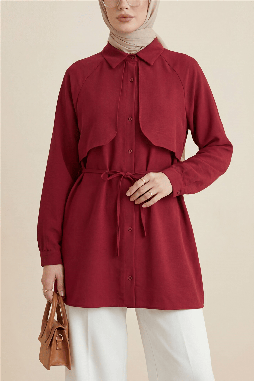 Bolero Detaylı Bağcıklı Poplin Tunik -Bordo-Tunik-120-1638-R04
