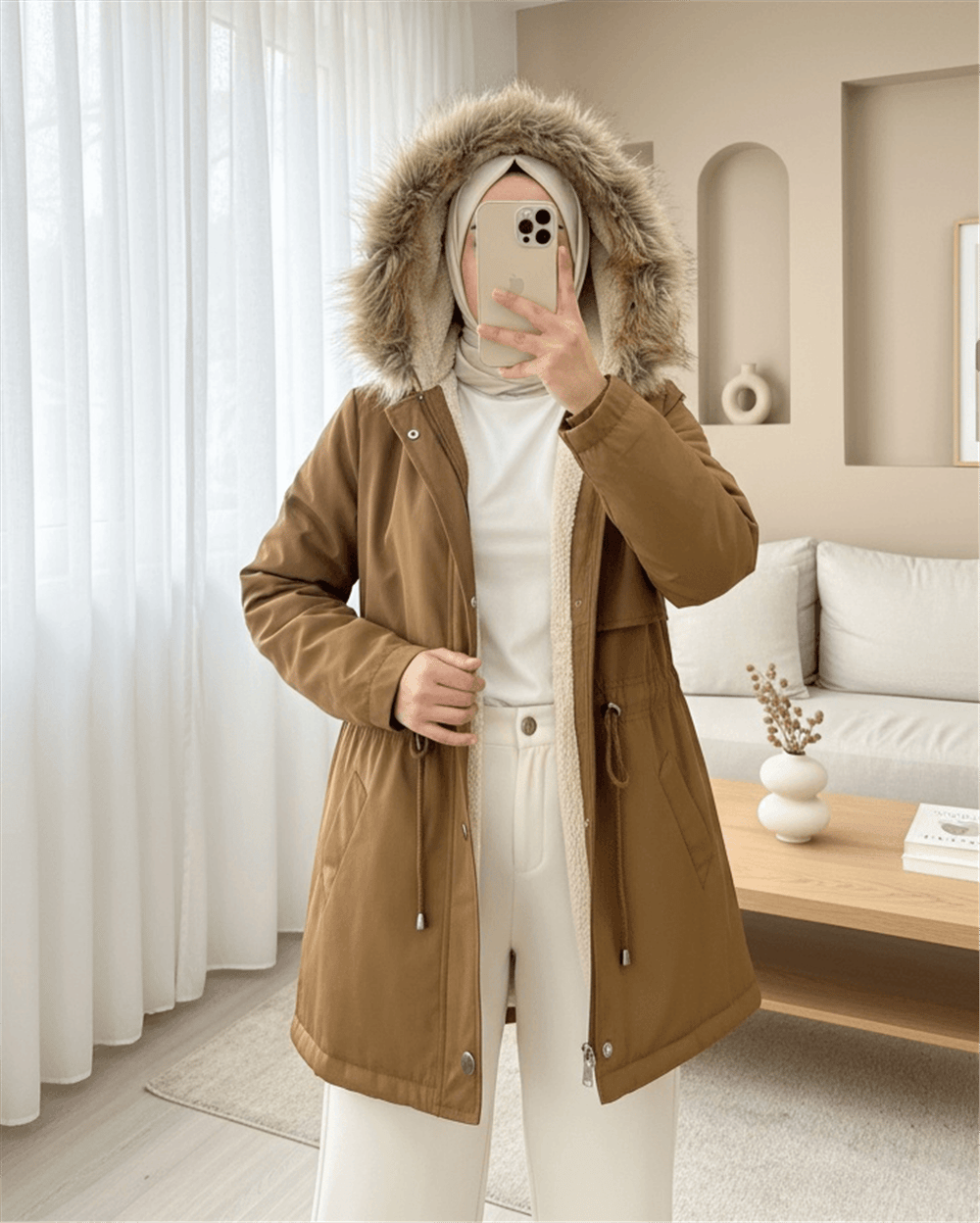 معطف بوليرو بغطاء للرأس من الفرو مع قطيفة من الداخل - أسمر ضارب للصفرة-Peluş Mont-148-2340-R12