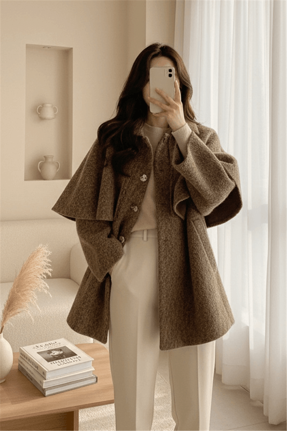 Bolerolu Beli Kemerli Düğmeli Kaşe Kap  -Açık Kahve-Trençkot-223-3067-R76