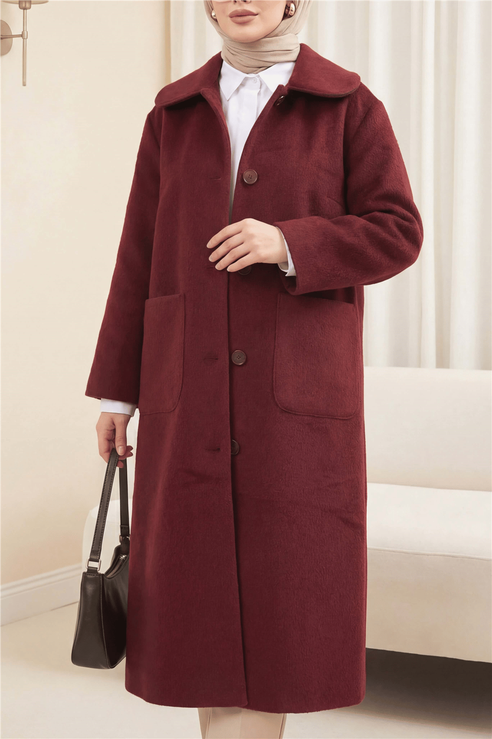 Boydan Düğmeli Cepli Kaban  -Bordo-Kaban-111-50686-R04