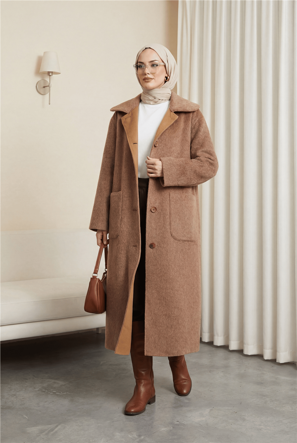 Boydan Düğmeli Cepli Kaban    -Taba-Mont-111-50686-R12
