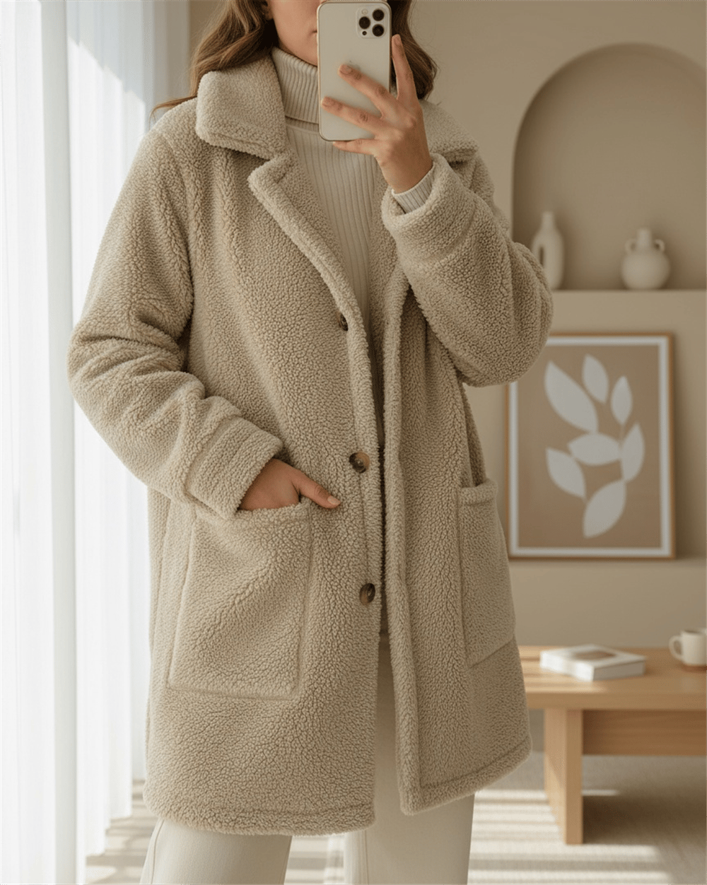 Boydan Düğmeli Cepli Pelüş Ceket -Açık Vizon-Mont & Kaban-349-6053-R51
