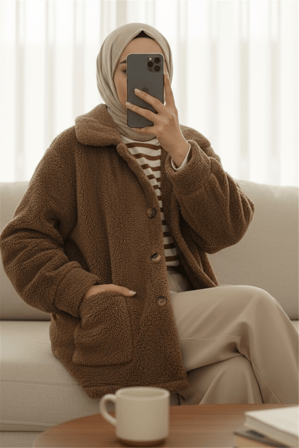 Boydan Düğmeli Cepli Pelüş Ceket    -Taba-Mont-349-6053-R12