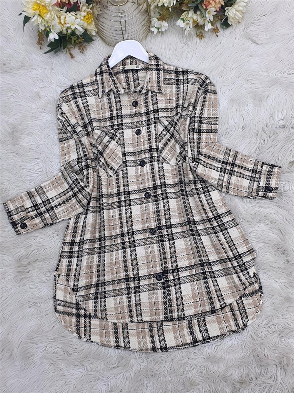 Boydan Düğmeli Çift Cepli Tüvit Gömlek  -Vizon-399-3091-R23