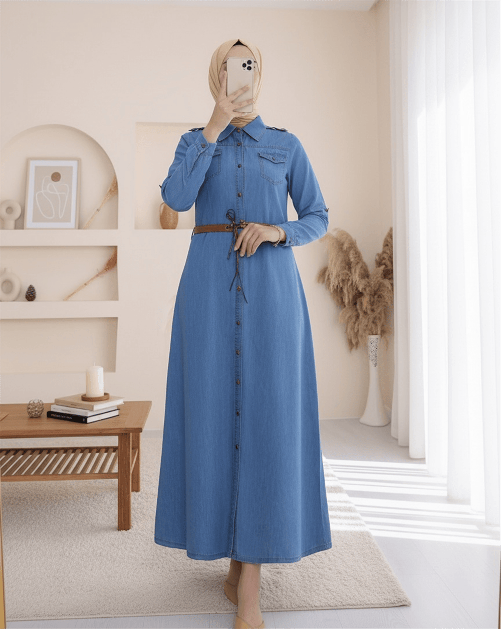 Boydan Düğmeli Kemerli Kot Elbise -Mavi-Elbise-192-6058-R31