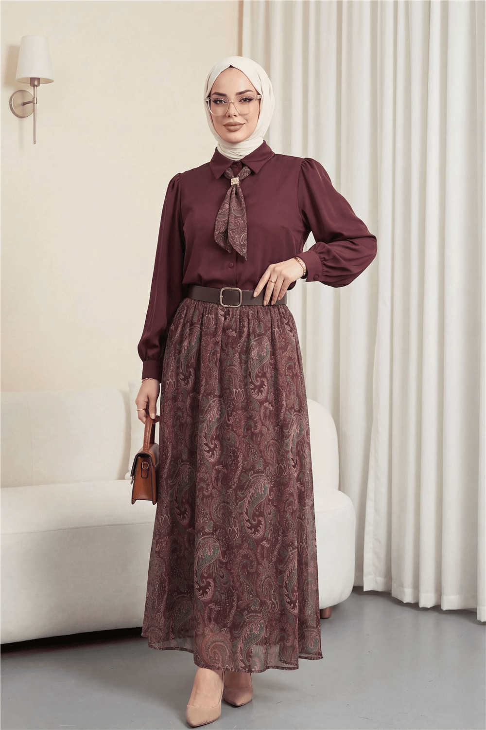 Boydan Düğmeli Kolları Büzgü Detay Eteği Etnik Desenli Takım -Bordo-Takım-426-9022-R04