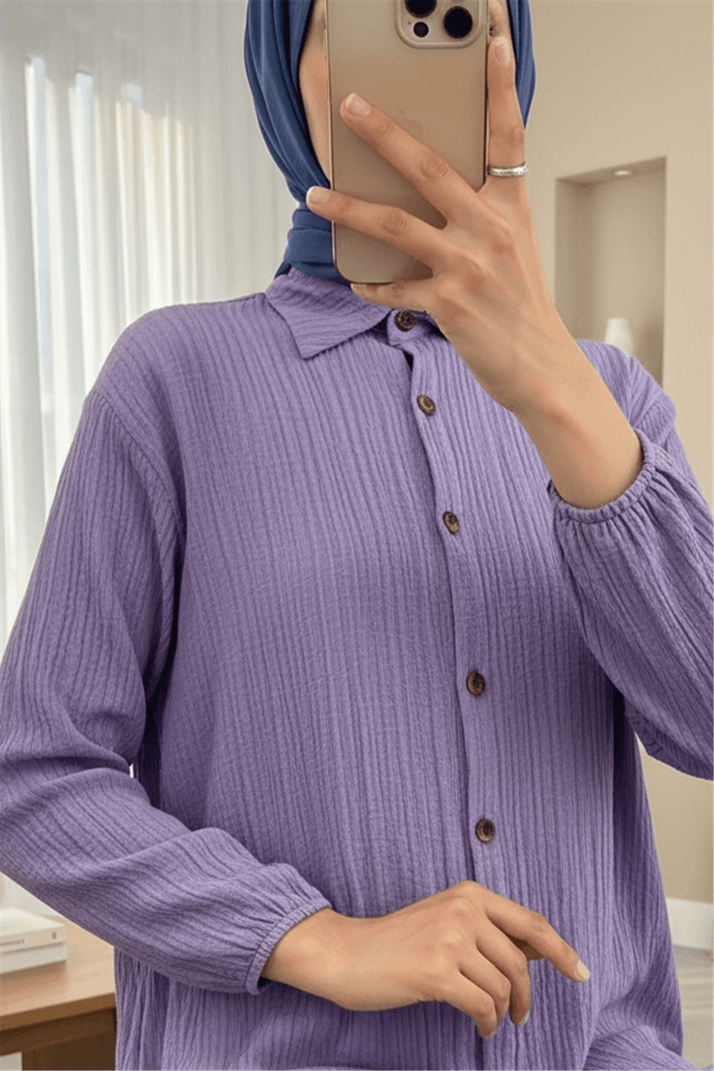 Boydan Düğmeli Kolu Lastikli Uzun Krinkıl Tunik   -Lila-Tunik-253-12857-R42