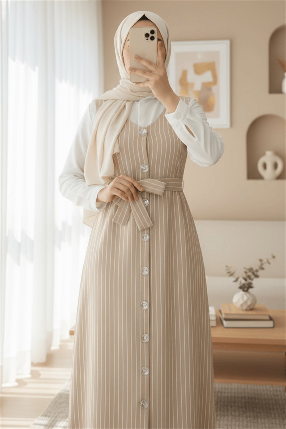 Boydan Düğmeli Kuşaklı Çizgili Jile   -Bej-Elbise-111-61094-R56