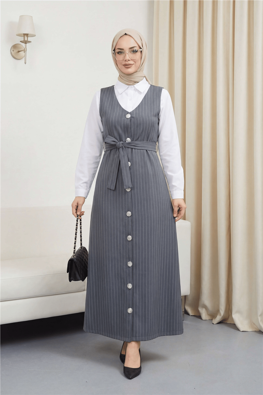 جيليه مخطط بأزرار وحزام - رمادي-Jile Elbise-111-61094-R11