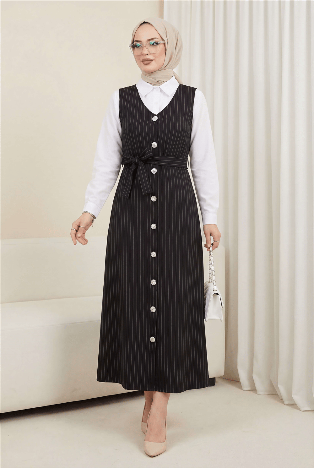 جيليه مخطط بأزرار وحزام - أسود-Jile Elbise-111-61094-R01