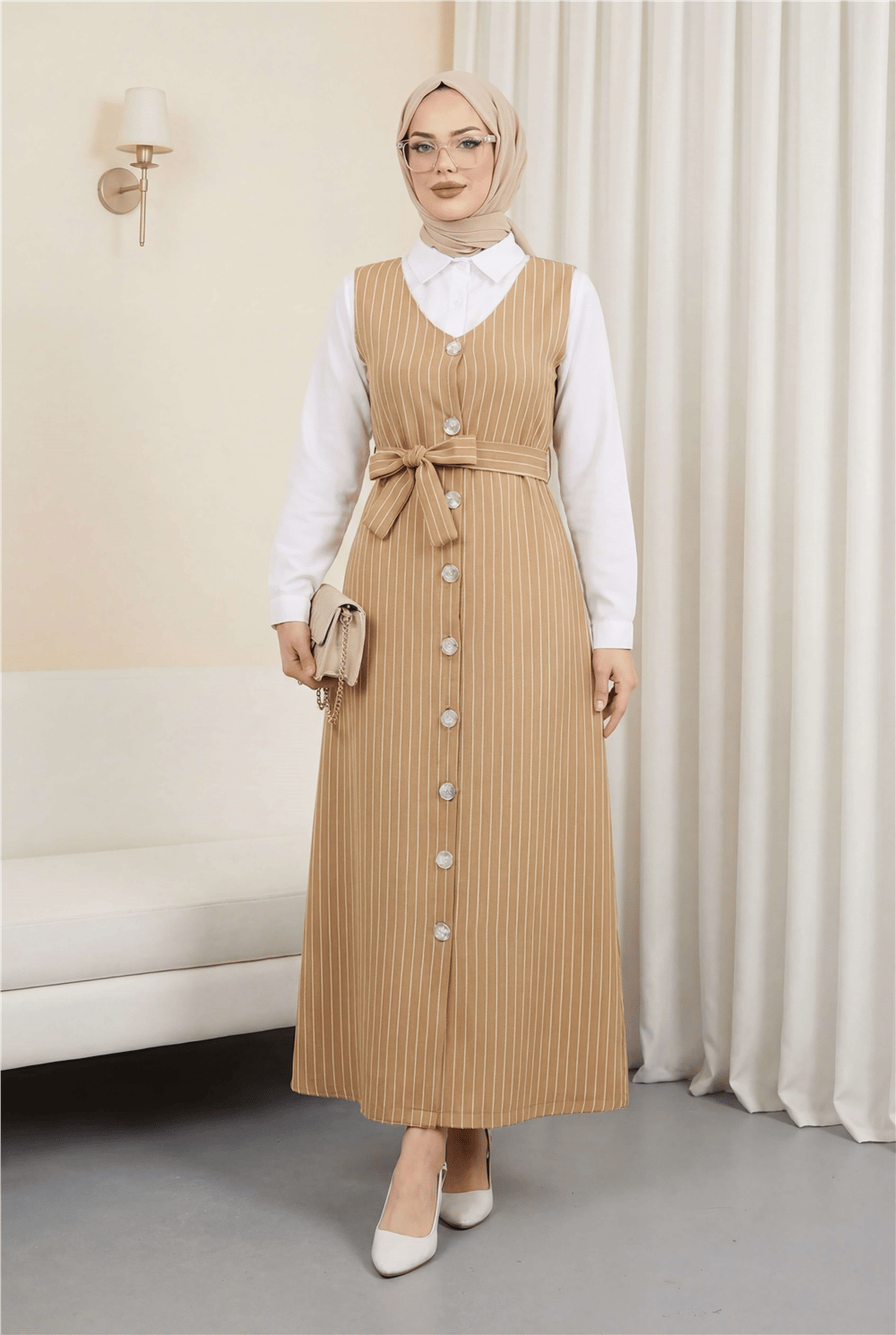 جيليه مخطط بأزرار وحزام -مينك-Jile Elbise-111-61094-R23