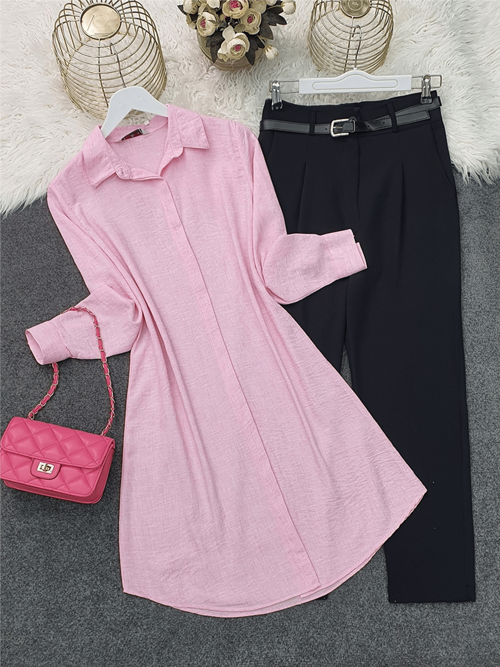 Boydan Gizli Düğmeli Keten Tunik -Pembe-Tunik-199-0201-R20