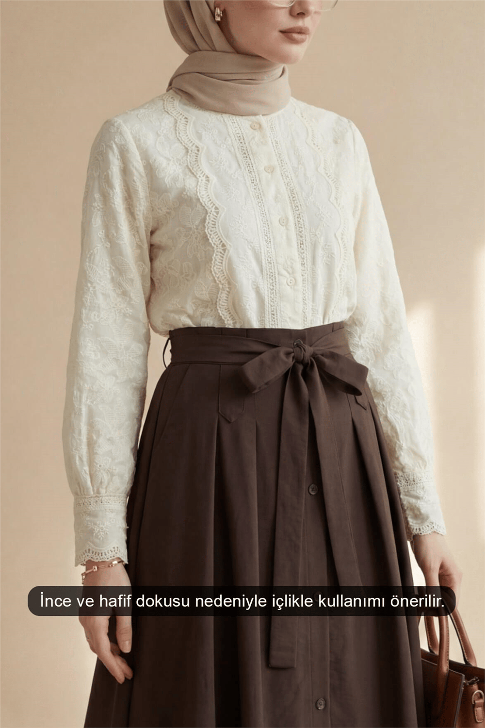 Brode İşlemeli Vintage Gömlek Bluz -Bej-Gömlek-364-6021-R56