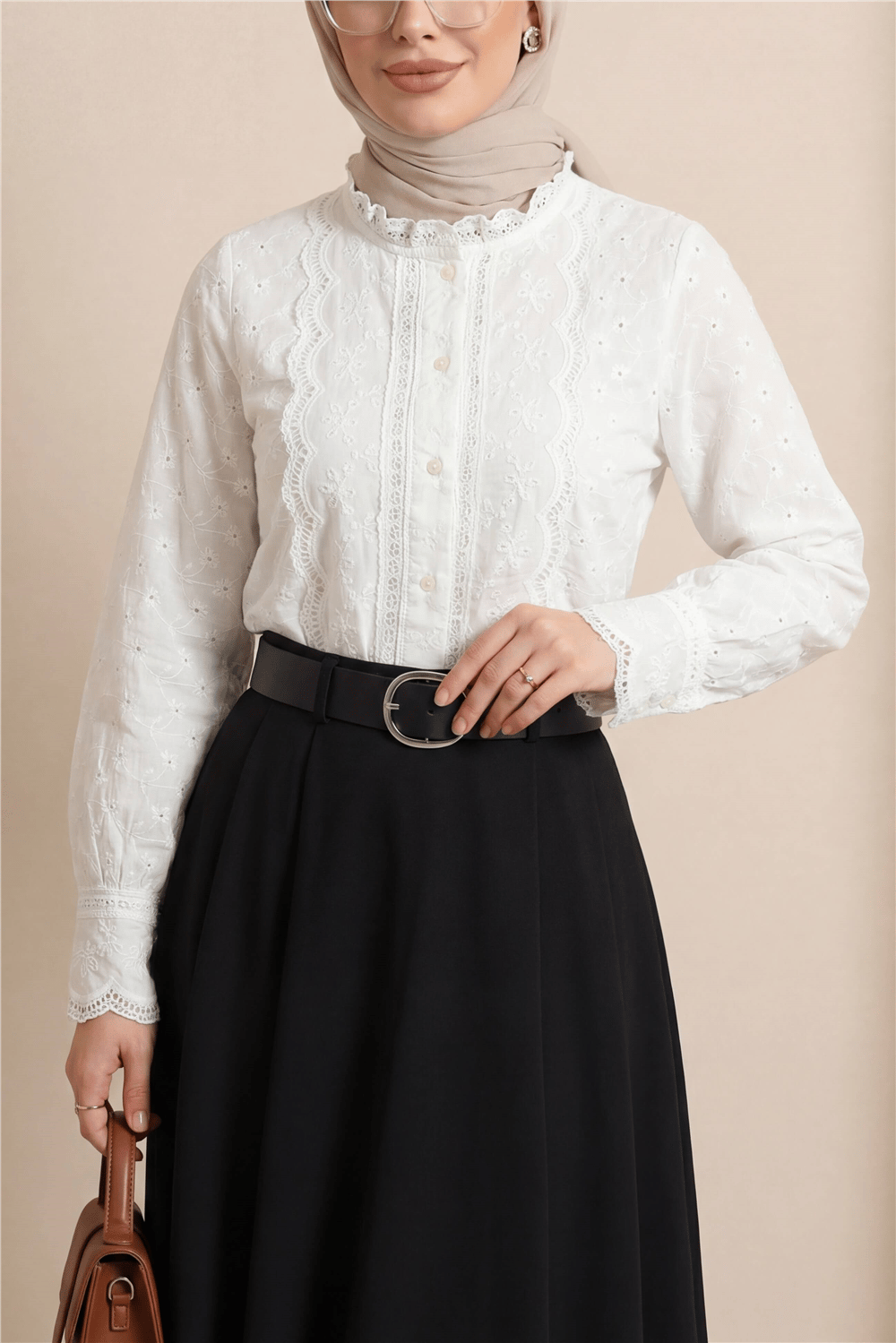 Brode İşlemeli Vintage Gömlek Bluz  -Beyaz-Gömlek-364-6021-R02
