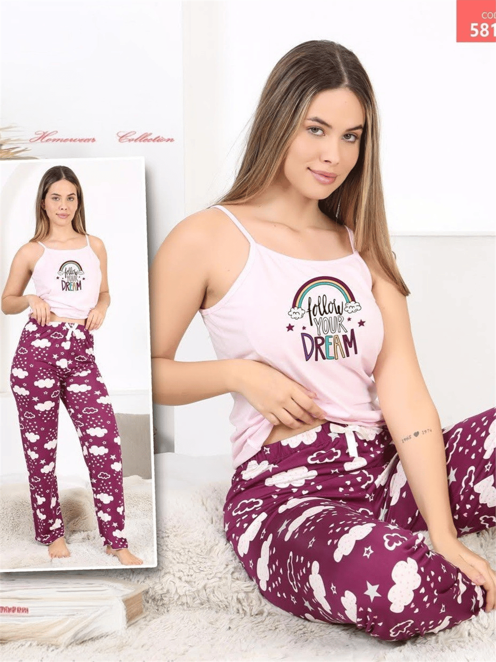 Bulut Desenli İp Askılı Pijama Takımı -Pudra-Pijama-416-58134-R06