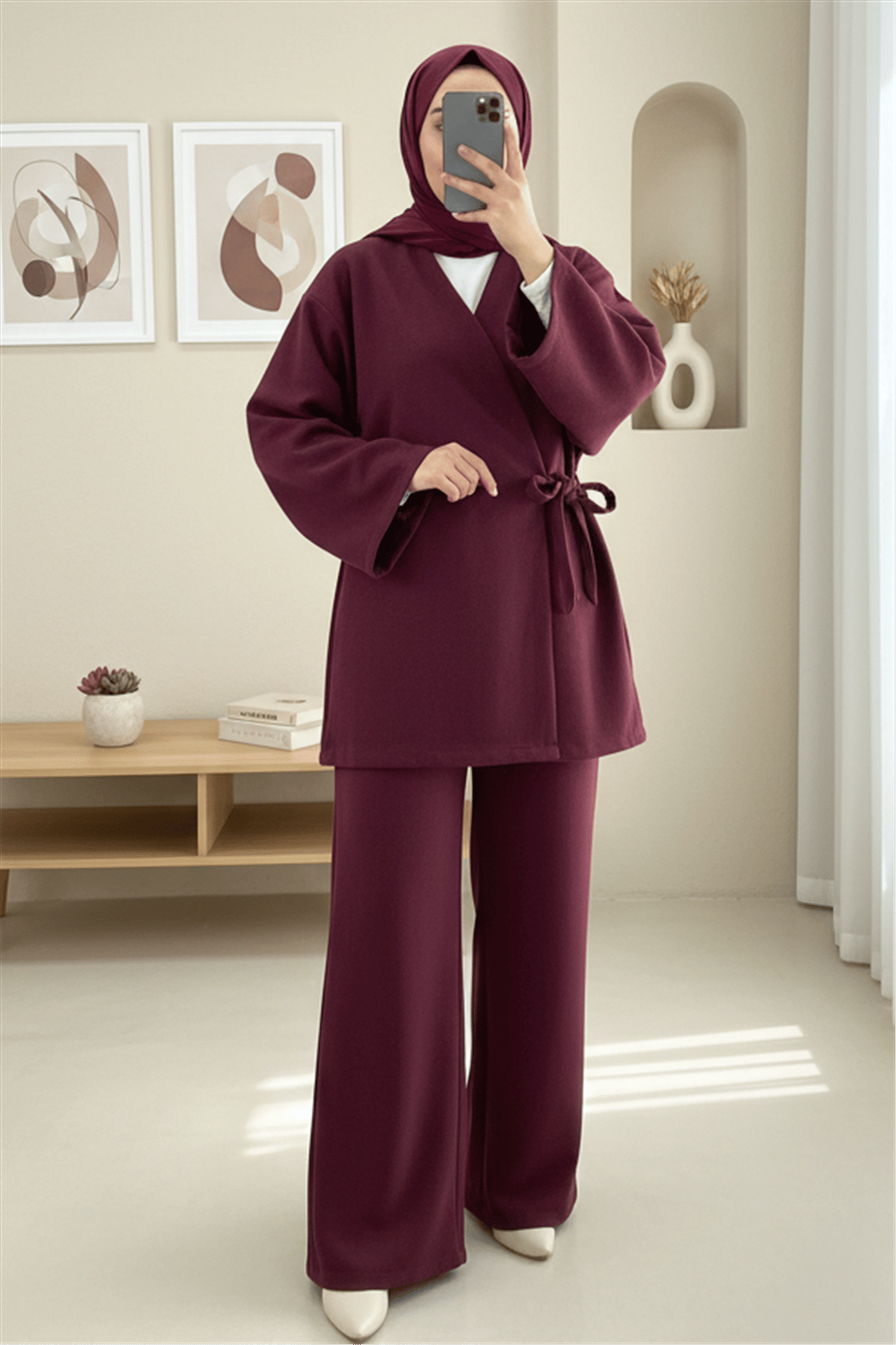 Çapraz Bağlamalı Kaşe Kimono -Bordo-Kimono & Kaftan-346-3081-R04