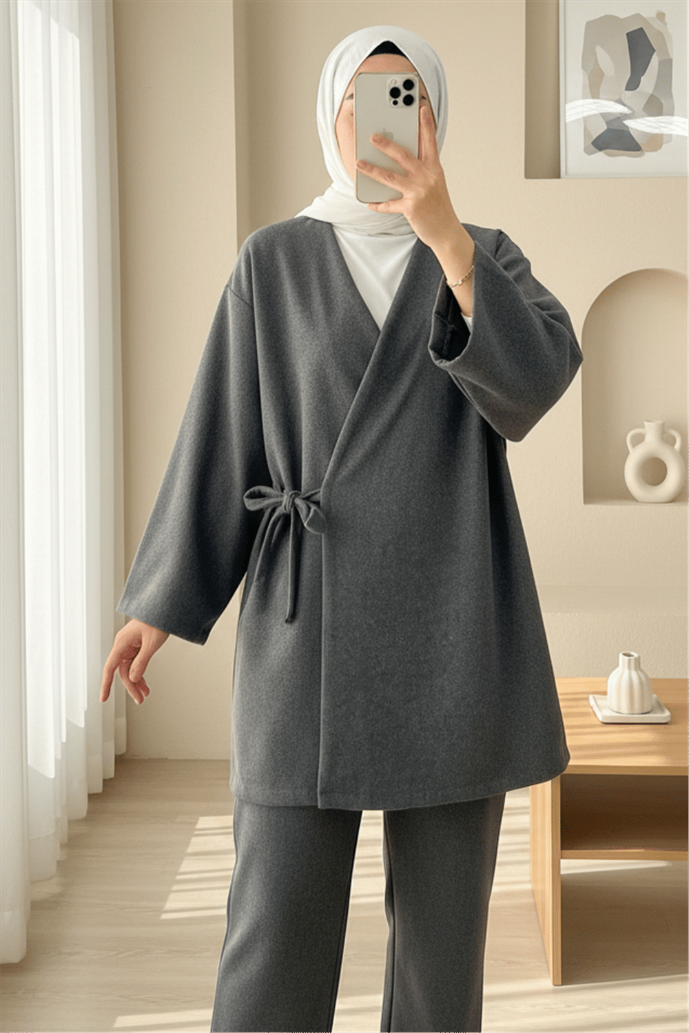 Çapraz Bağlamalı Kaşe Kimono -Füme-Kimono & Kaftan-346-3081-R18