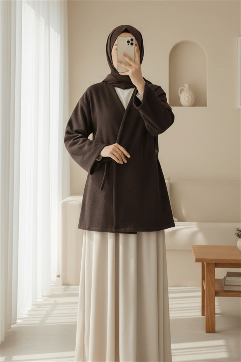 Çapraz Bağlamalı Kaşe Kimono -Kahve-Kimono & Kaftan-346-3081-R15