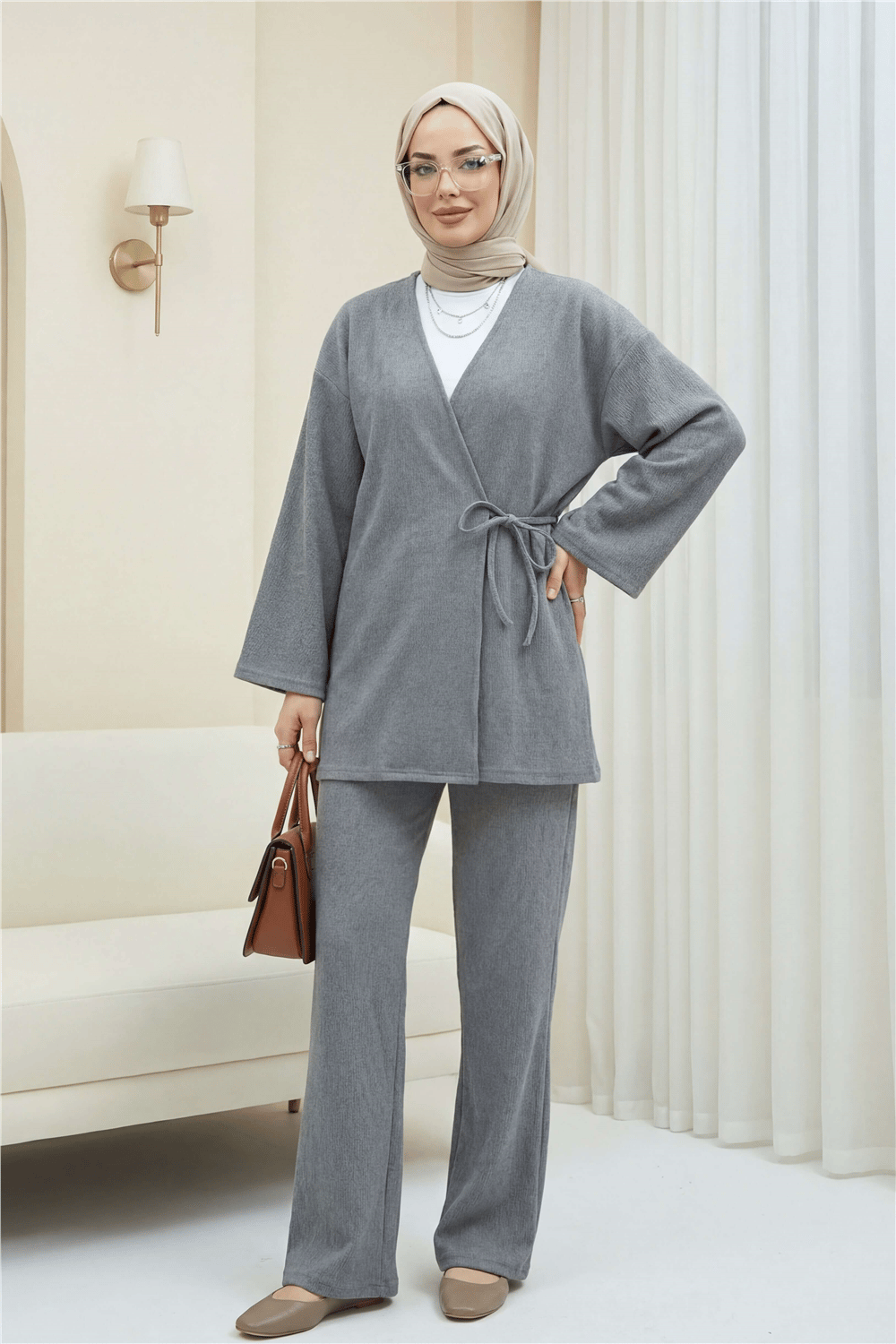 Çapraz Bağlamalı Selanik Kimono Takım -Gri-Takım-253-13107-R11
