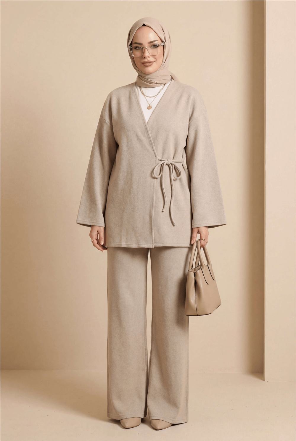 Çapraz Bağlamalı Selanik Kimono Takım -Bej-Takım-253-13107-R56