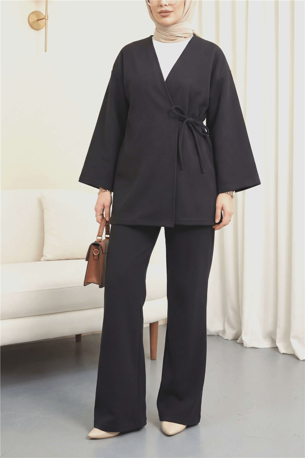 Çapraz Bağlamalı Selanik Kimono Takım -Siyah-Takım-253-13107-R01
