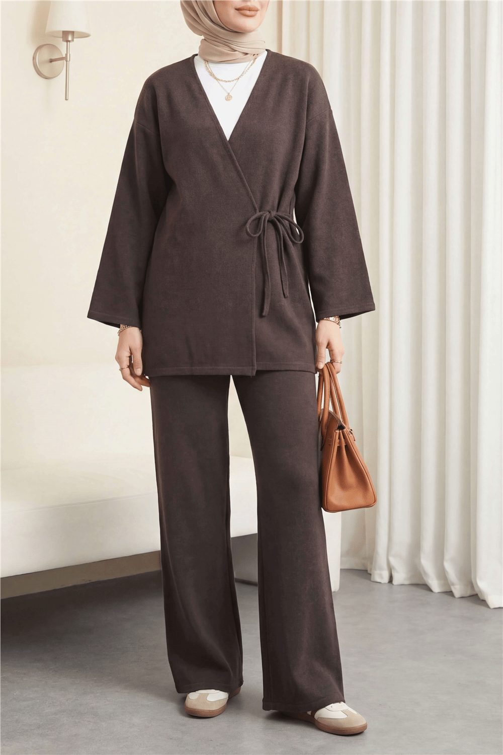 Çapraz Bağlamalı Selanik Kimono Takım -Kahve-Takım-253-13107-R15