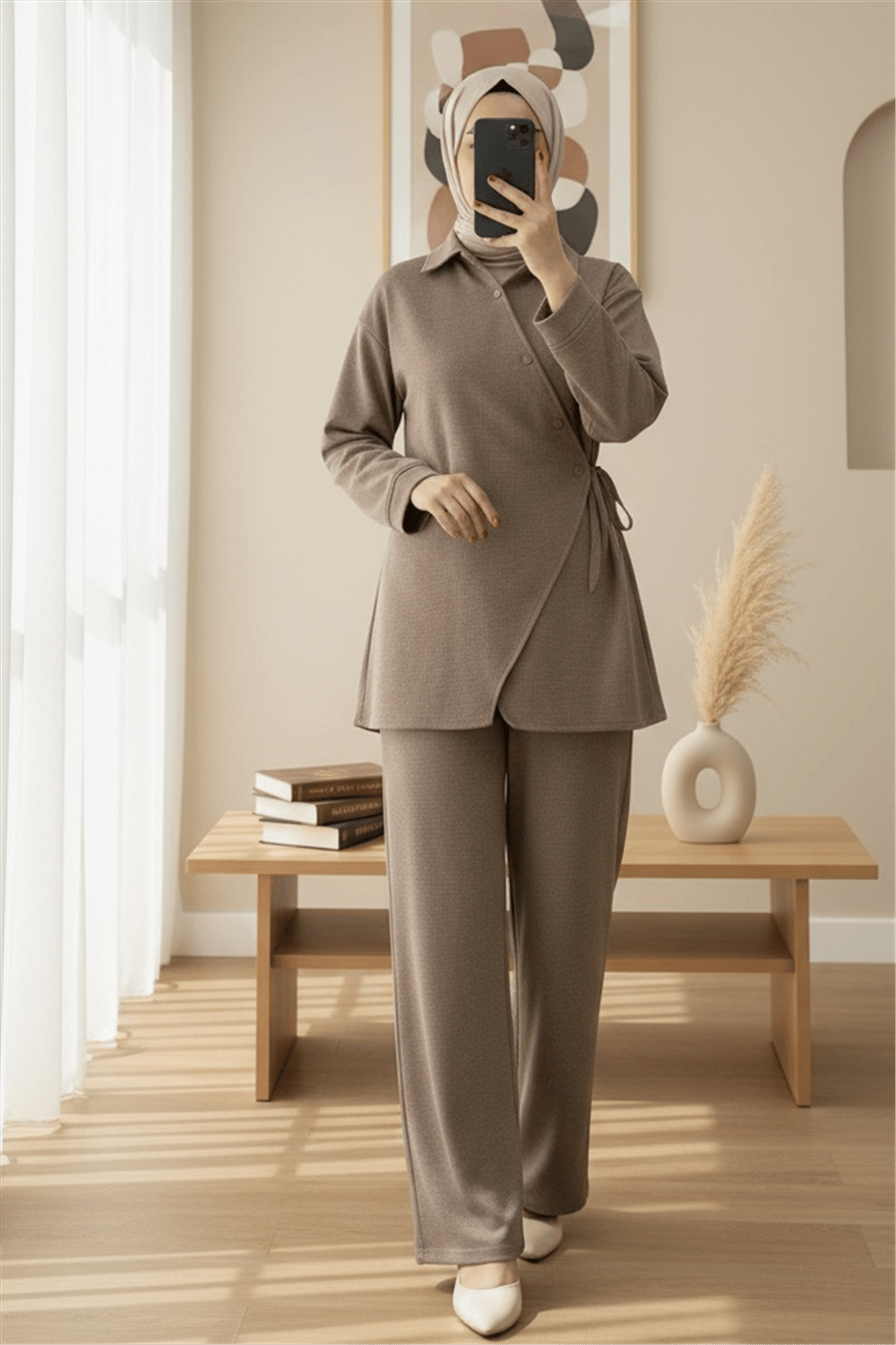 Çapraz Düğmeli Yandan Bağlamalı Yün Efekt Takım  -Açık Kahve-Takım-346-3075-R76