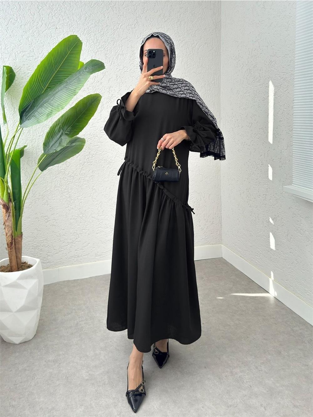 Çapraz Tünel Bağcıklı Uzun Keten Elbise -Siyah-307-2222-R01