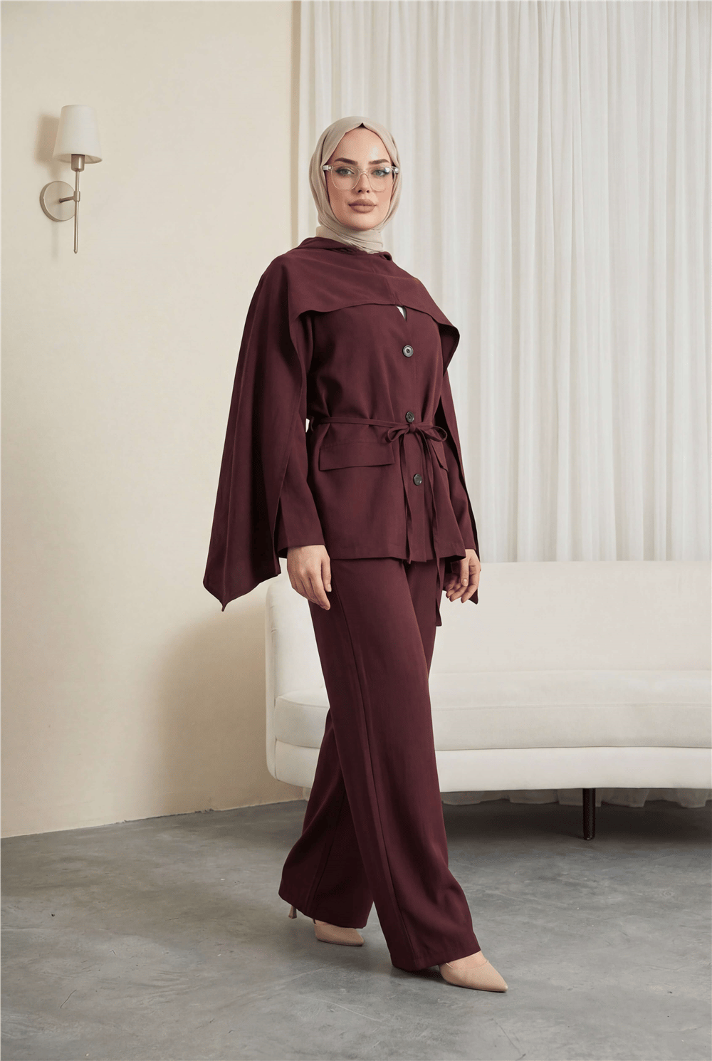 Cep Detaylı V Yaka Bağcıklı Fularlı Paraşüt Takım  -K. Bordo-Takım-223-3097-R52