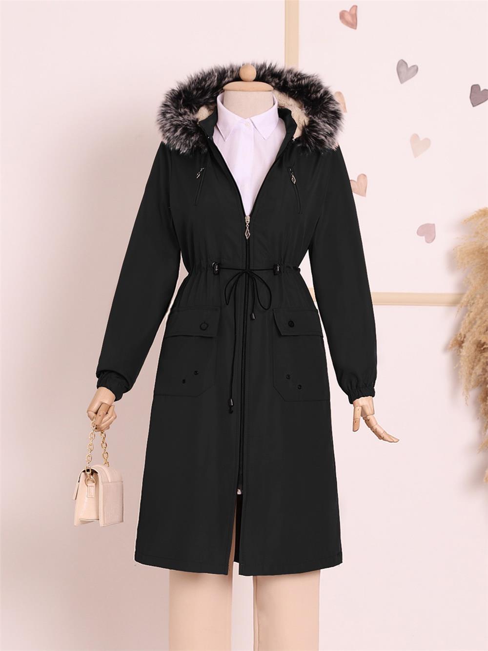 Cepleri Kuşgözlü Çıkma Kapşonlu Bondit Kaban -Siyah-192-MN1-R01