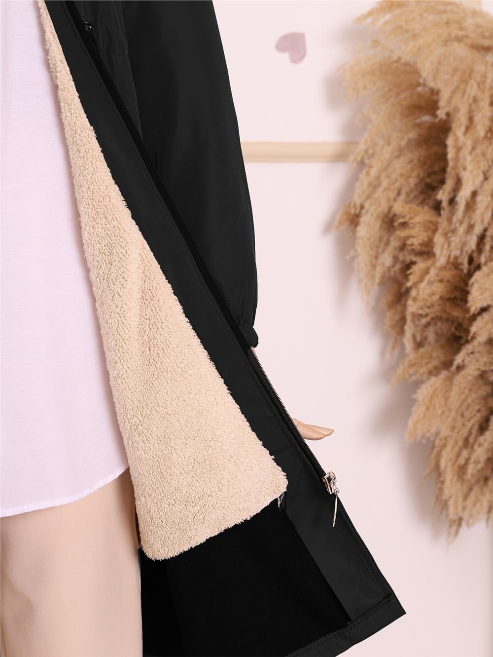 Cepleri Kuşgözlü Çıkma Kapşonlu Bondit Kaban -Siyah-192-MN1-R01