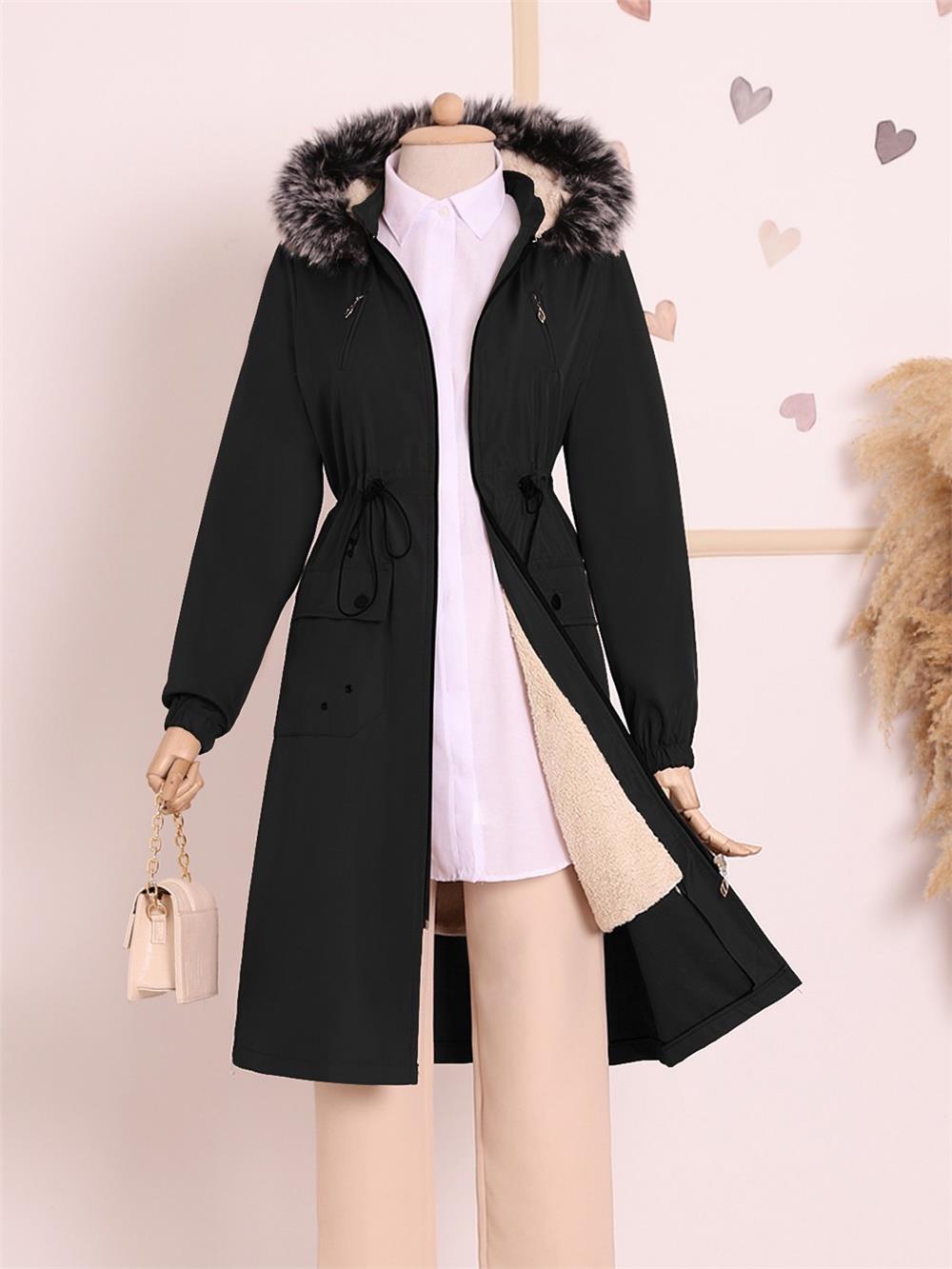 Cepleri Kuşgözlü Çıkma Kapşonlu Bondit Kaban -Siyah-192-MN1-R01