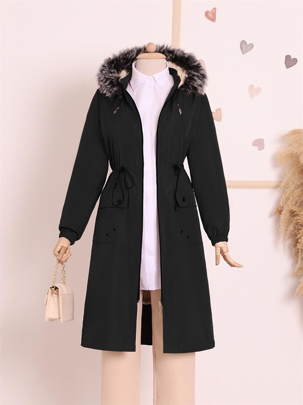 Cepleri Kuşgözlü Çıkma Kapşonlu Bondit Kaban -Siyah-192-MN1-R01