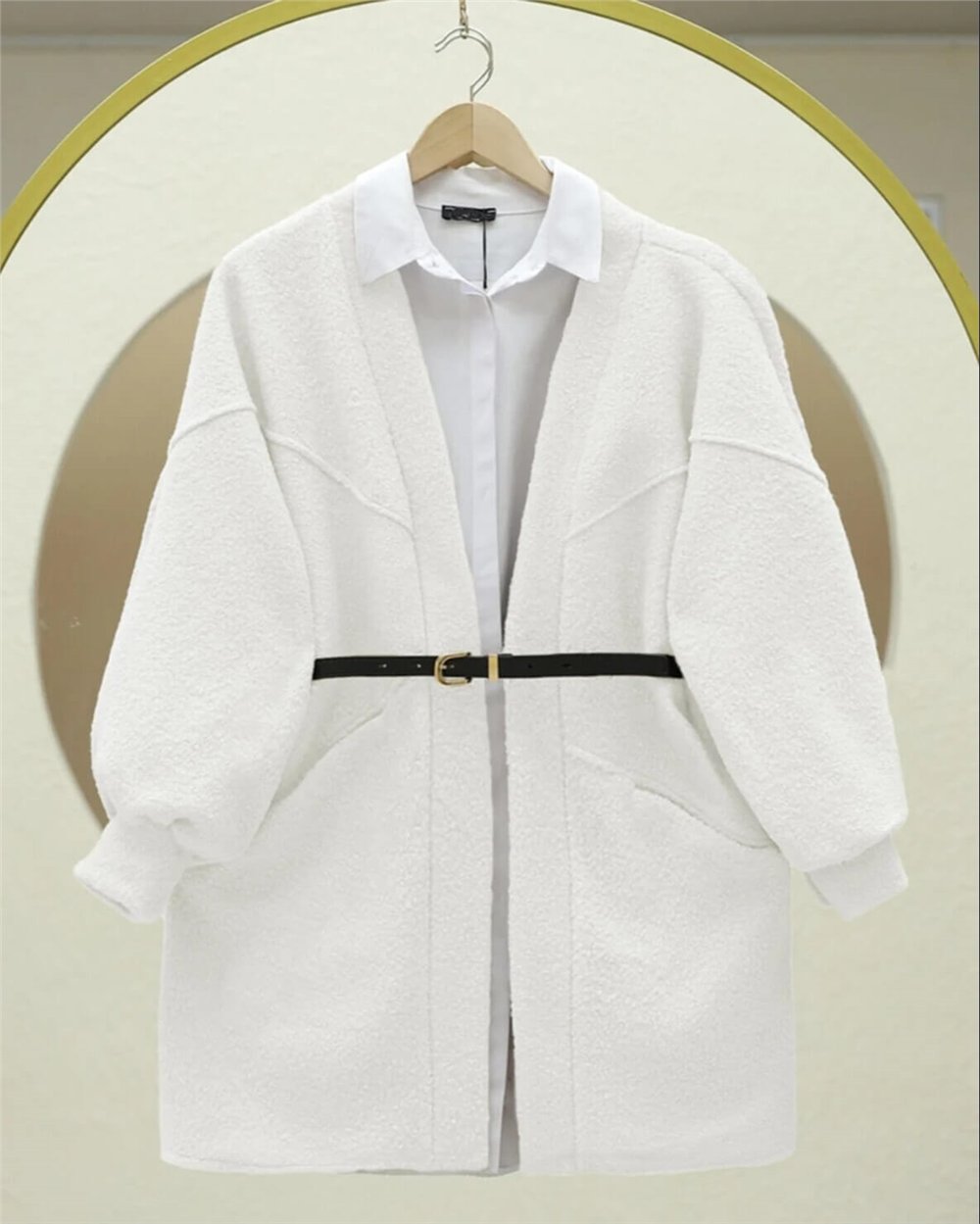 Cepli Balon Kol Oversize Buklet Ceket  -Beyaz-Hırka-253-12957-R02