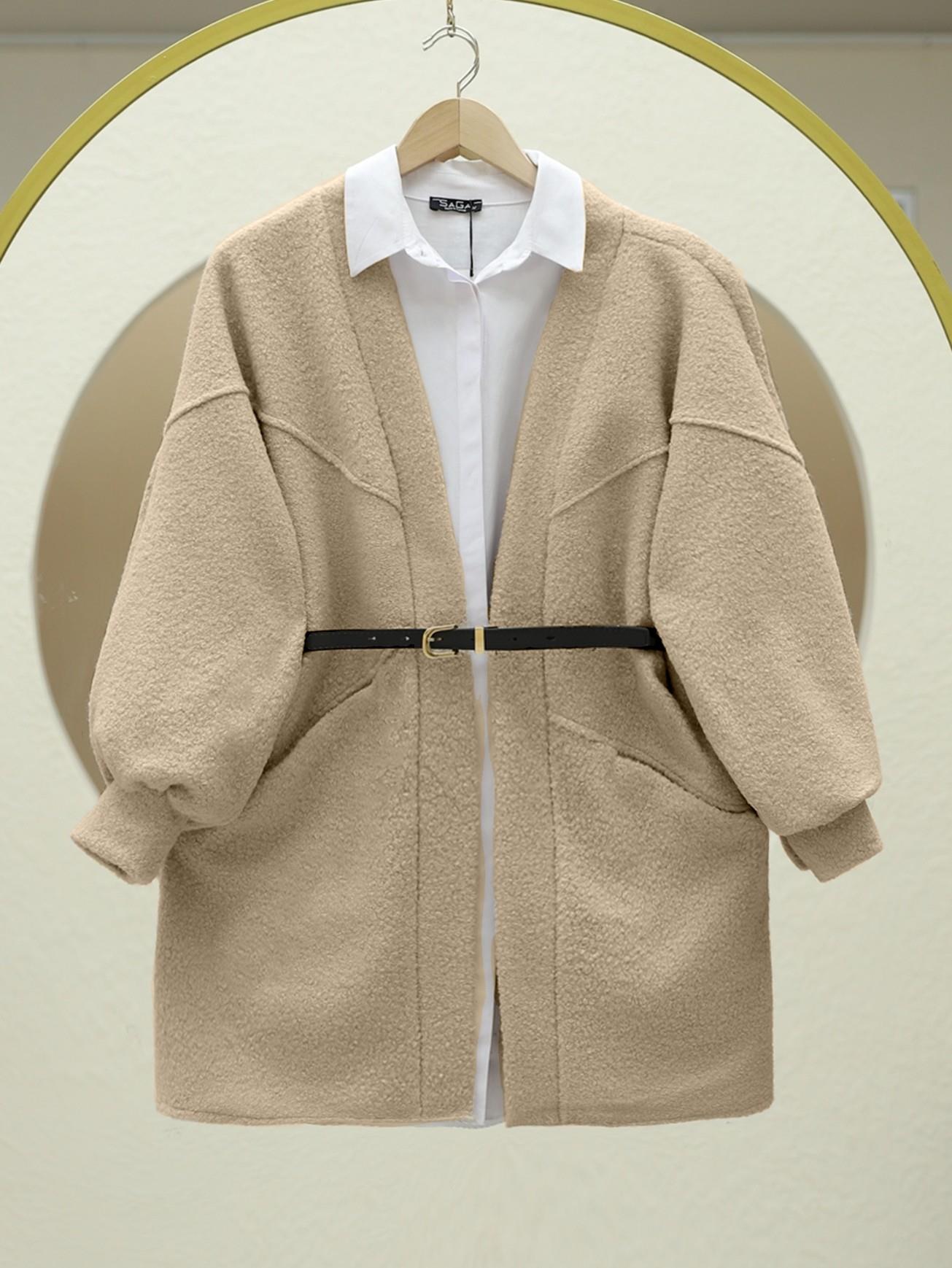 Cepli Balon Kol Oversize Buklet Ceket -Vizon