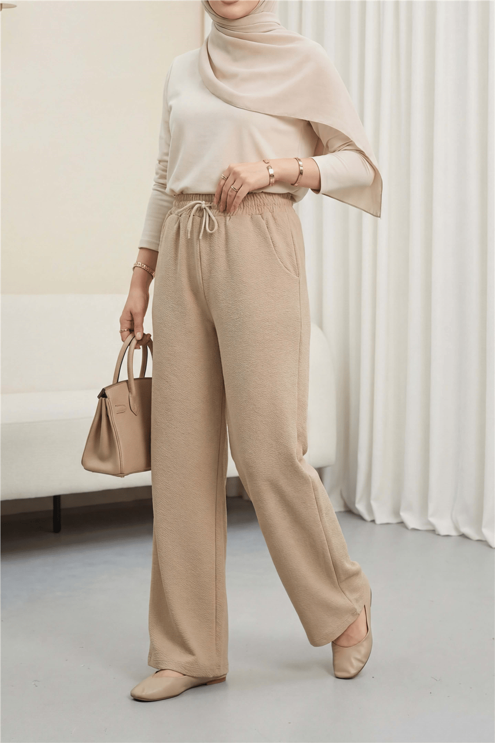 Cepli Beli Bağcıklı Zra Krep Pantolon  -Açık Vizon-Pantolon-408-2393-R51