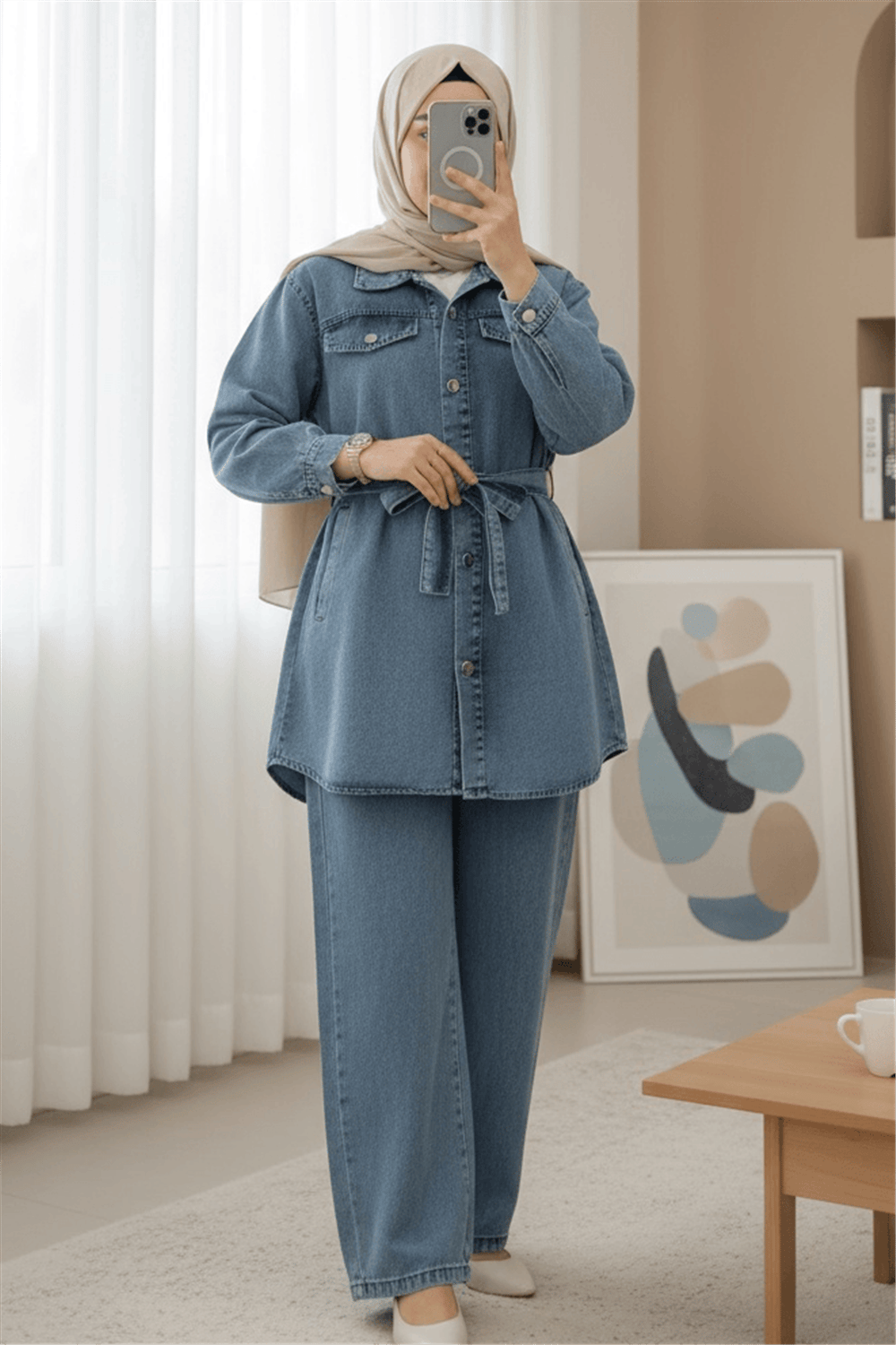Cepli Beli Kemerli Düğmeli Kot Takım -Buz Mavi-Takım-197-4081-R37
