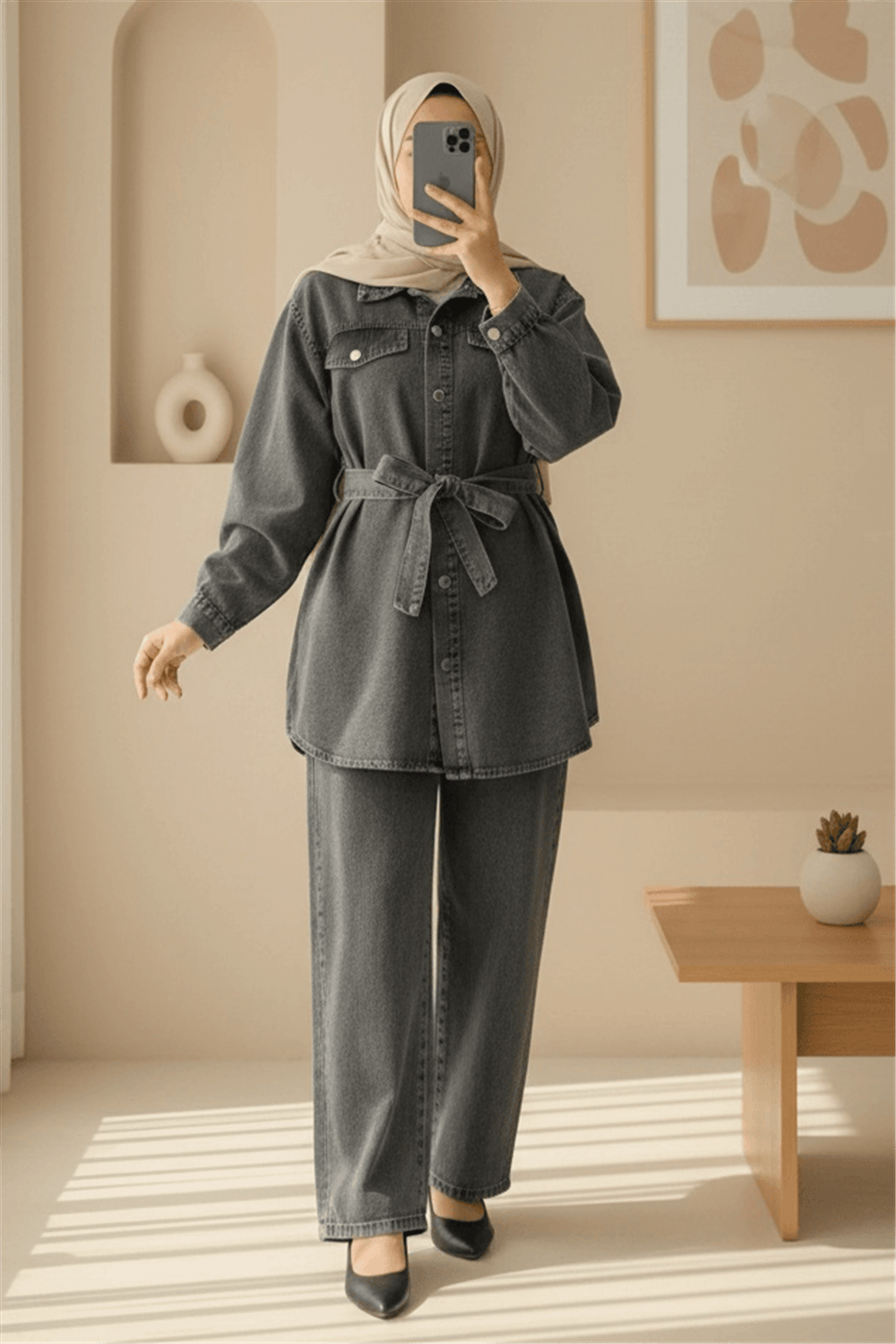 Cepli Beli Kemerli Düğmeli Kot Takım -Füme-Takım-197-4081-R18