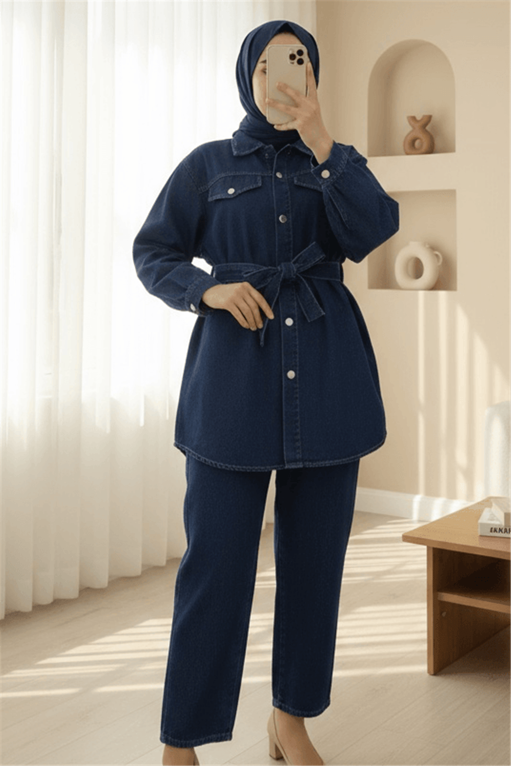 Cepli Beli Kemerli Düğmeli Kot Takım -Laci-Takım-197-4081-R03