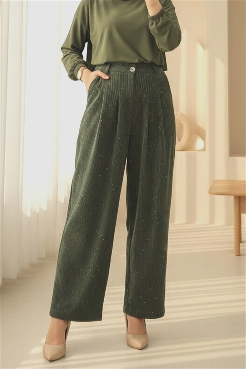 Cepli Bol Paça Pul Detaylı Kadife Pantolon  -Haki-Pantolon-346-3082-R05