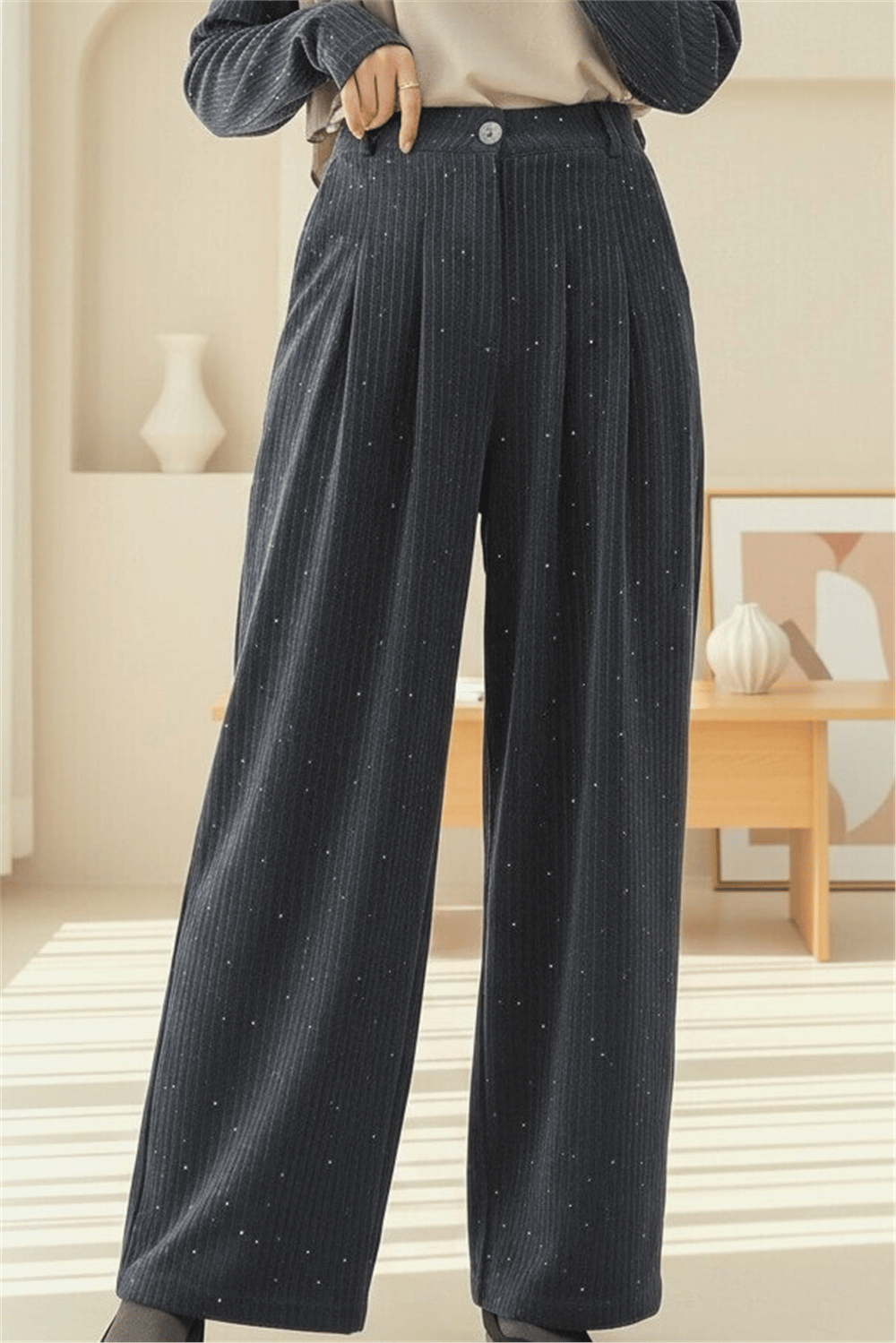 Cepli Bol Paça Pul Detaylı Kadife Pantolon  -Antrasit-Pantolon-346-3082-R64