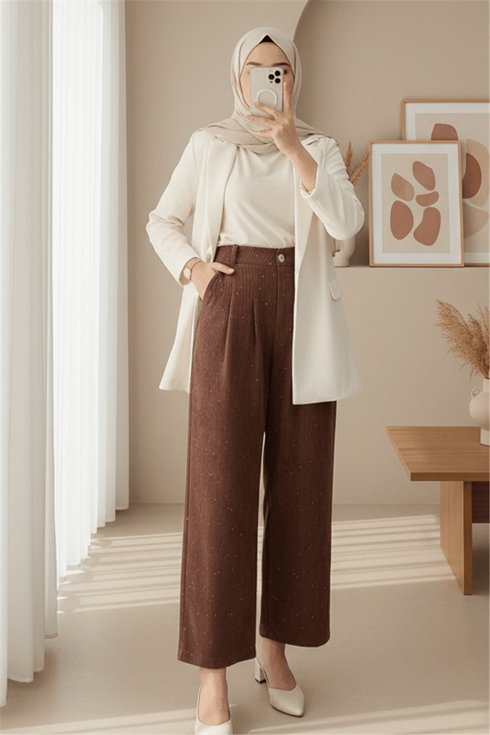 Cepli Bol Paça Pul Detaylı Kadife Pantolon  -Kiremit-Pantolon-346-3082-R30