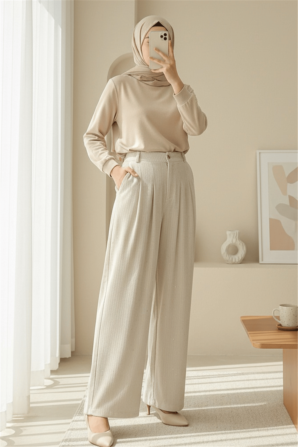 Cepli Bol Paça Pul Detaylı Kadife Pantolon   -Bej-Pantolon-346-3082-R56