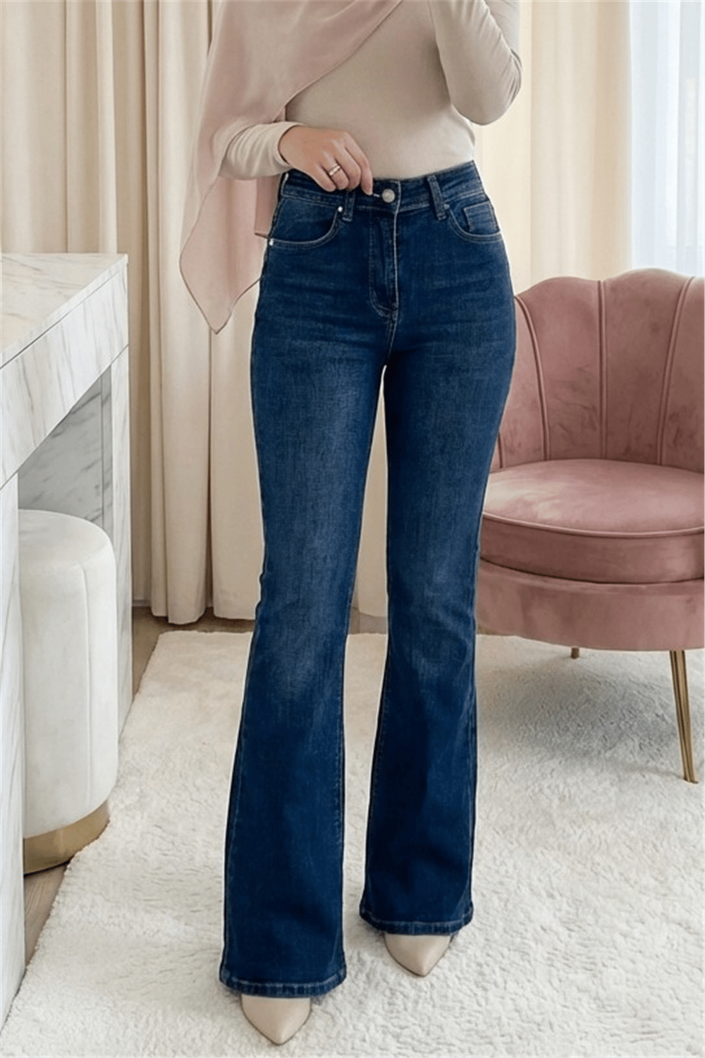 Cepli İspanyol Paça Likralı Fermuarlı Kot Pantolon -İndigo-Pantolon-136-3008-R21