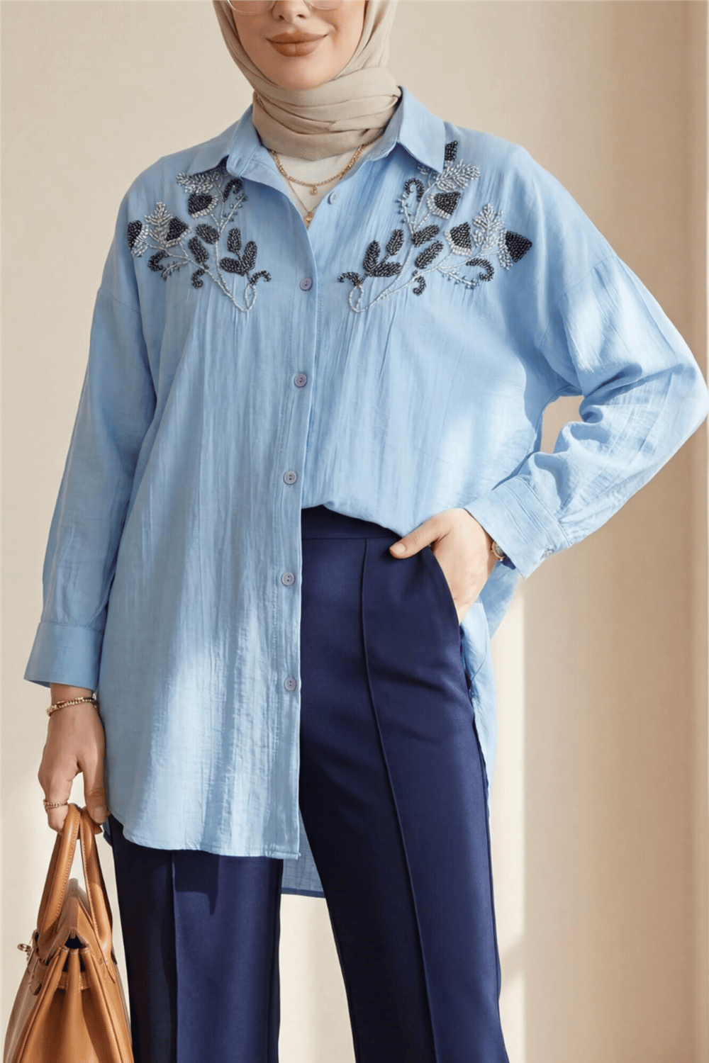 Çiçek Boncuk Desenli Düğmeli Çilek Gömlek -Açık Mavi-Tunik-199-259-R25