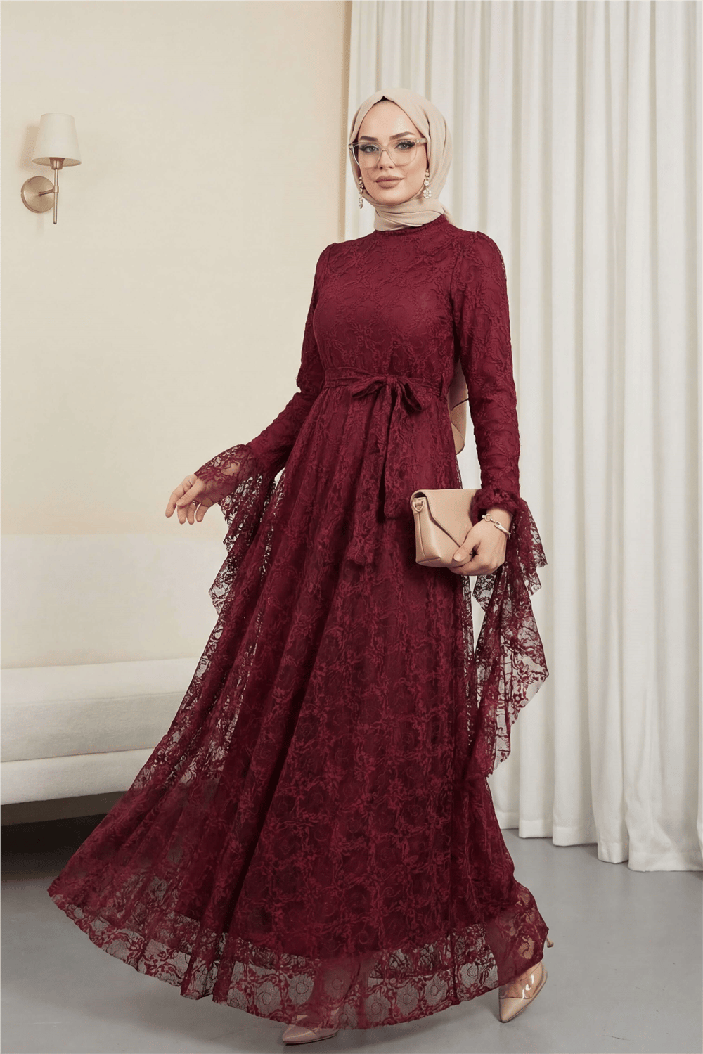 Çiçek Desenli Güpür Dantelli Kolu Volanlı Kemerli Astarlı Elbise -Bordo-Elbise-386-6294-R04