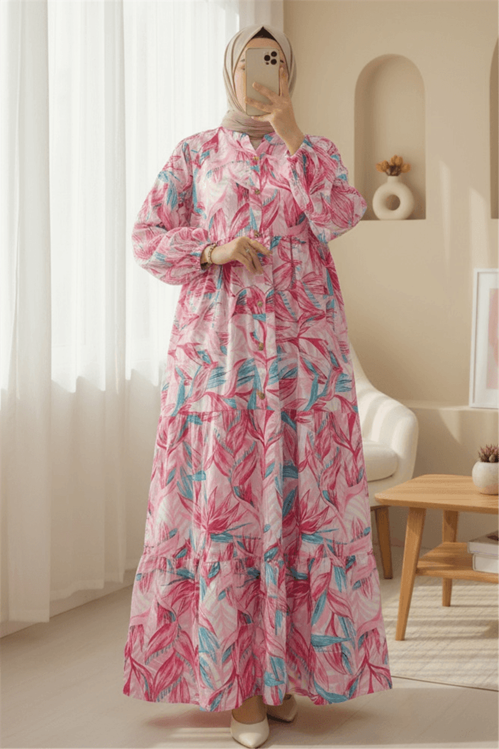 Çiçek Desenli Parçalı Kolu Lastikli Yarım Düğmeli Elbise -Mürdüm-Elbise-197-67863-R09
