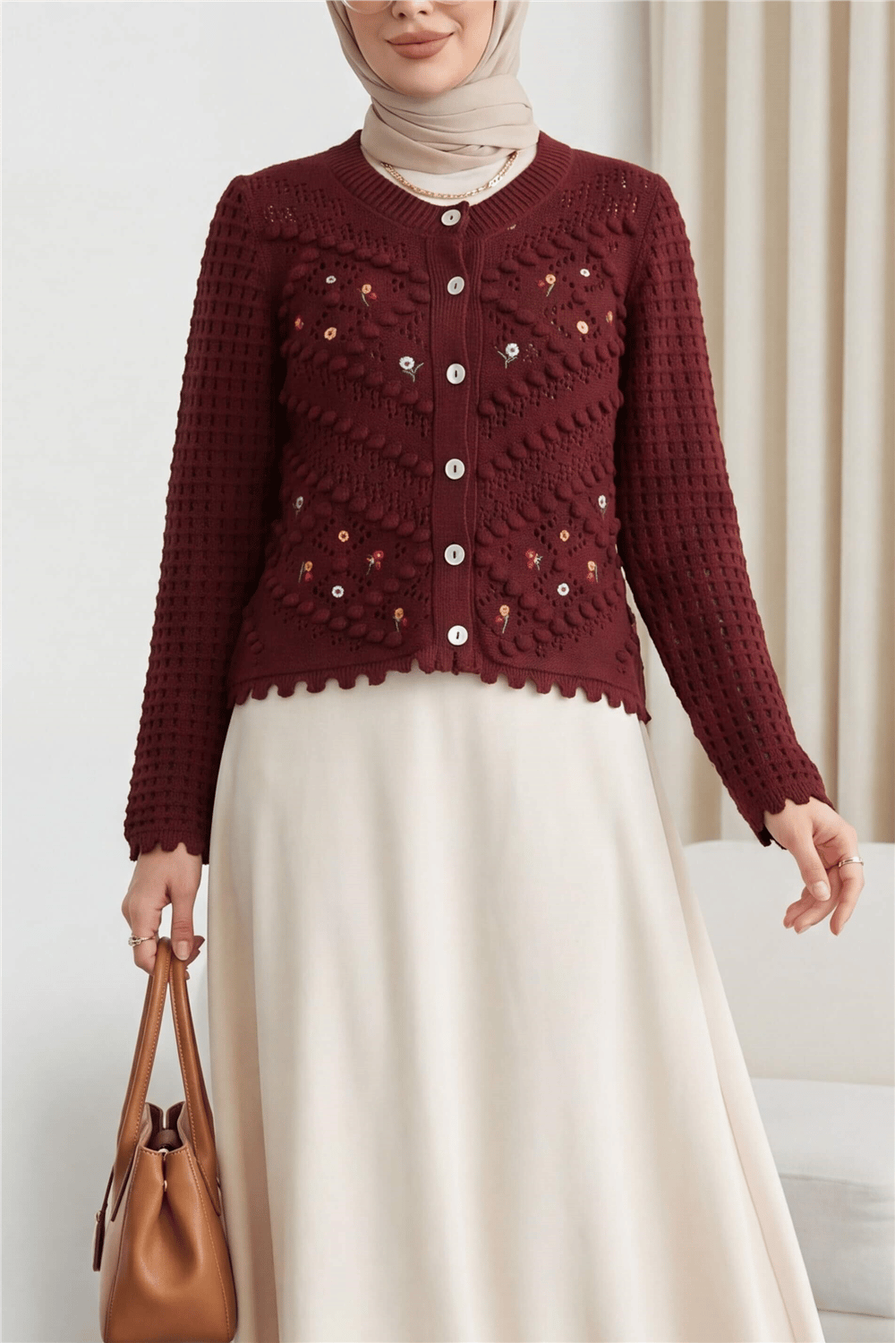 Çiçek Nakışlı Ponponlu Ajurlu Triko Hırka         -Bordo-Hırka-109-0642-R04