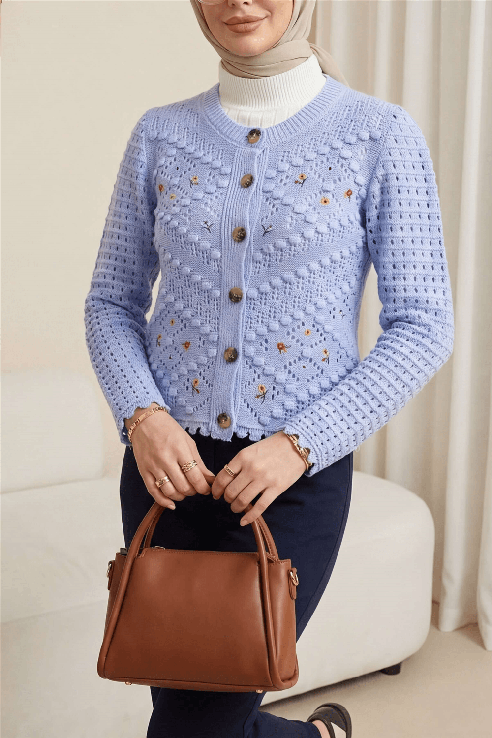 Çiçek Nakışlı Ponponlu Ajurlu Triko Hırka    -Bebe Mavi-Triko Hırka-109-0642-R32