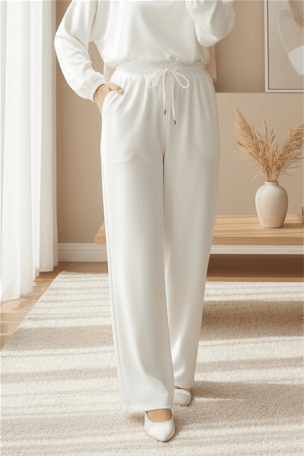 Çift Cepli Beli Lastikli Bağcık Detaylı Pantolon   -Beyaz-Pantolon-326-9093-R02